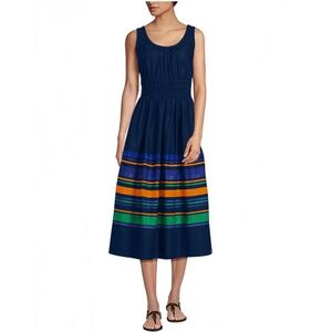 Land's End women size L midi dress scoop neck navy cotton poplin sleeveless boho